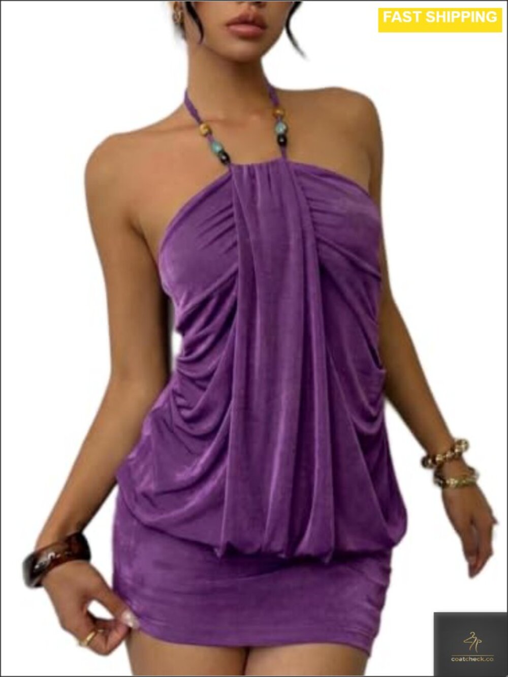 Halter Neck Bodycon Mini Dress with Built-in Shorts, Sleeveless Backless Party